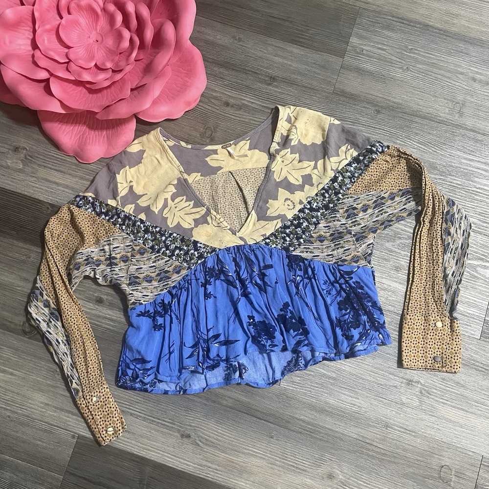 FREE PEOPLE Womens Sz XS Aloha State of Mind Relaxed Floral Geometric Boho Top